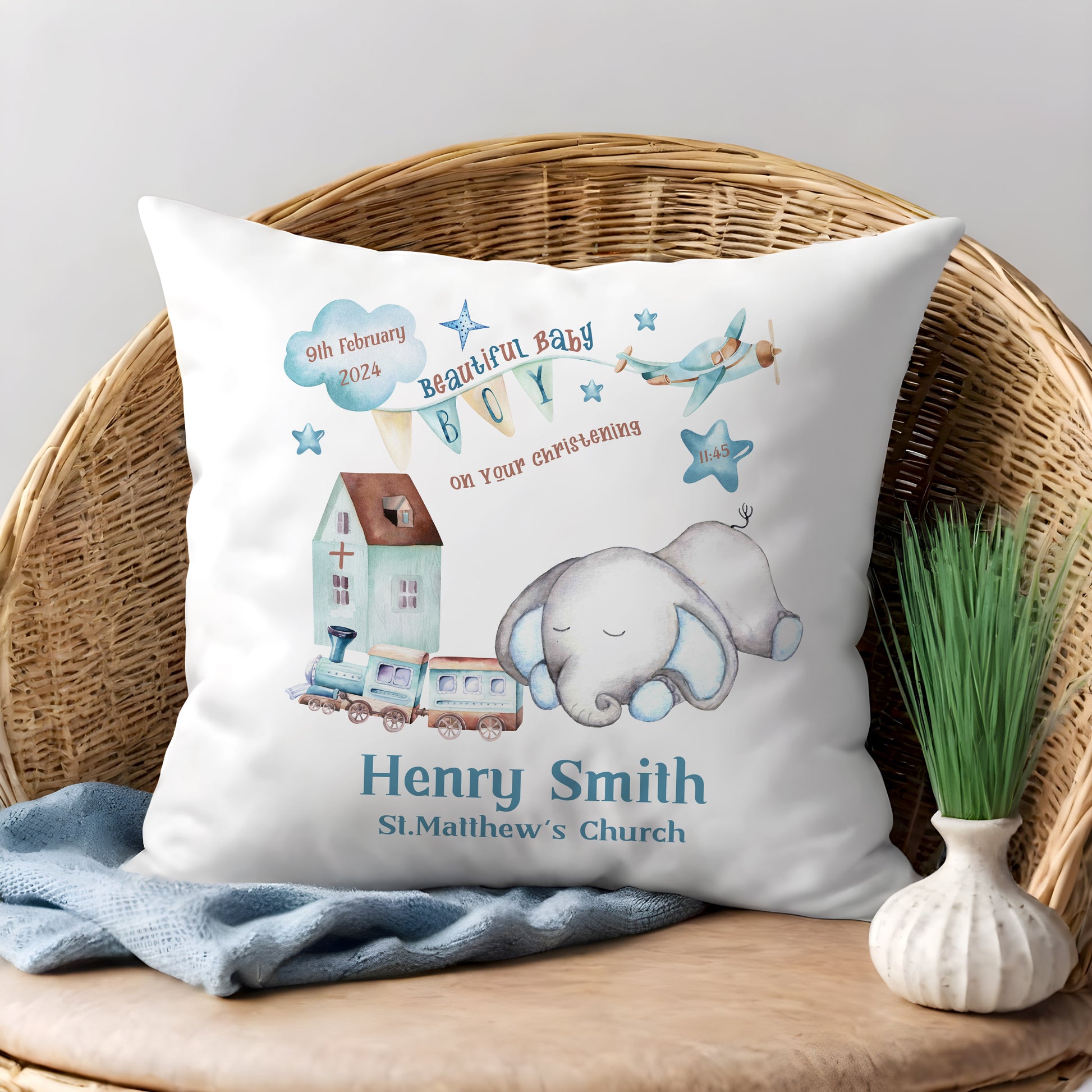 Personalised Elephant Boy/Girl Christening/Baptism Cushion
