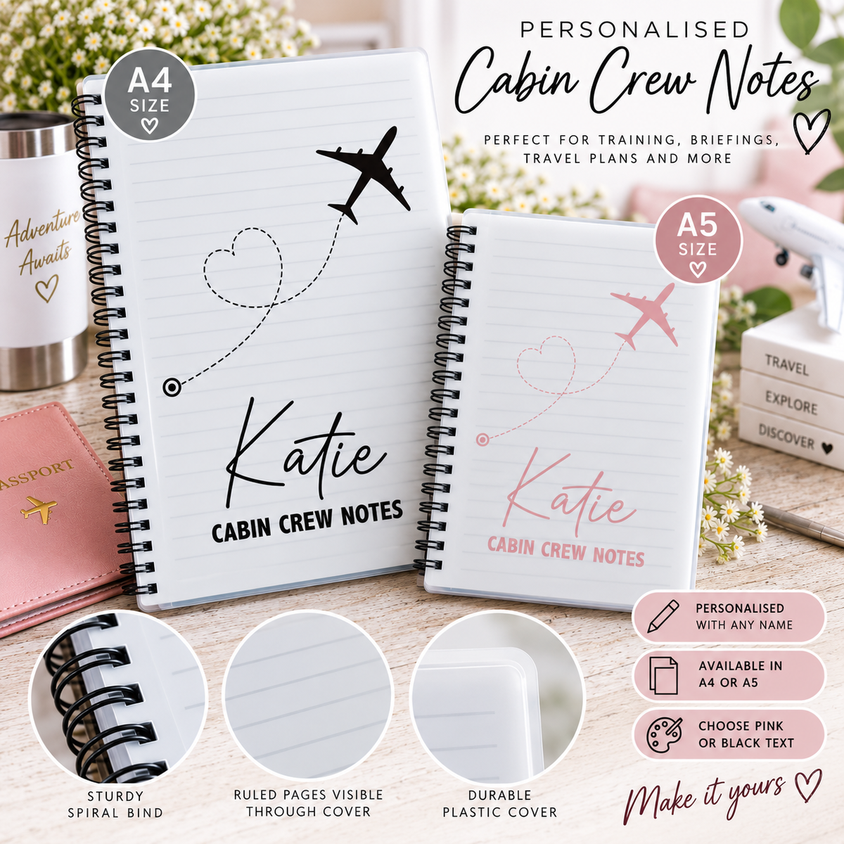 Personalised Cabin Crew notebooks A4 and A5