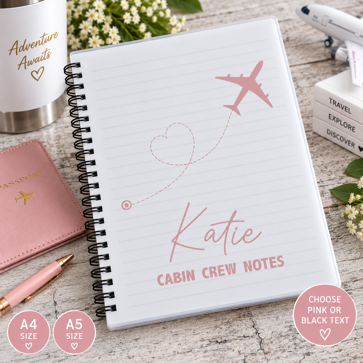 Personalised pink Cabin Crew notebook