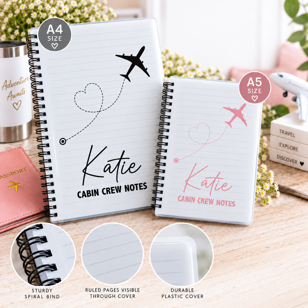 Personalised Cabin Crew silhouette notebooks A4 and A5