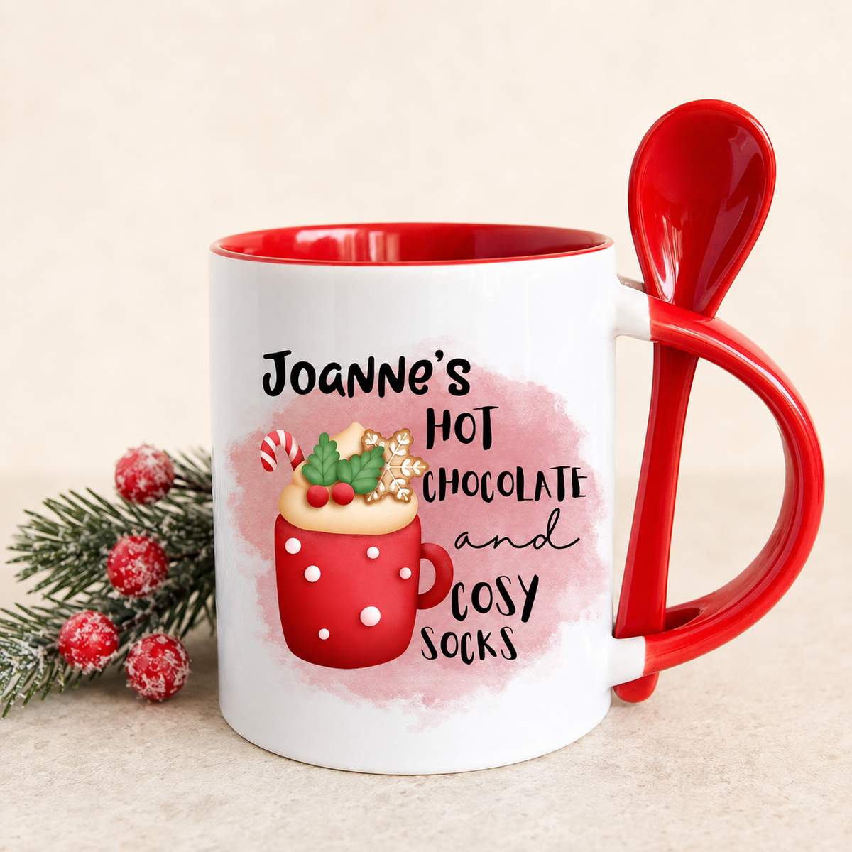 Personalised cosy socks Christmas hot chocolate mug with spoon