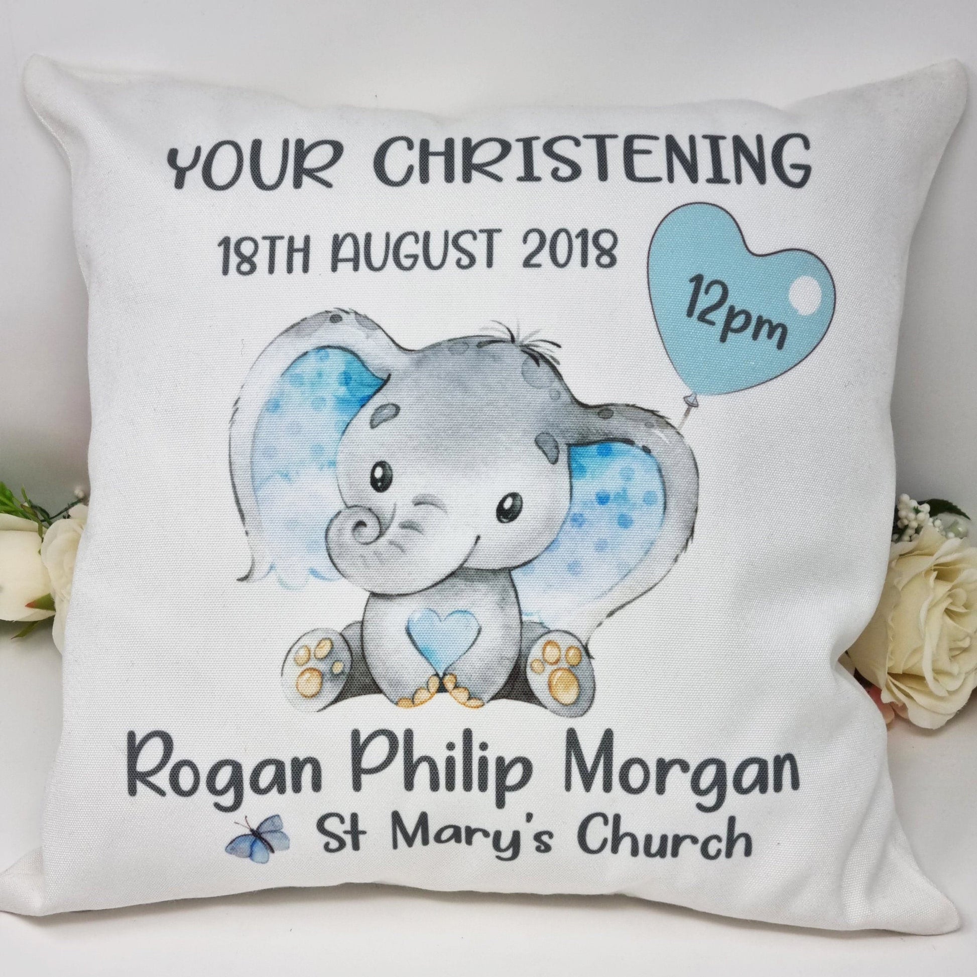 Personalised Elephant Balloon Christening Cushion