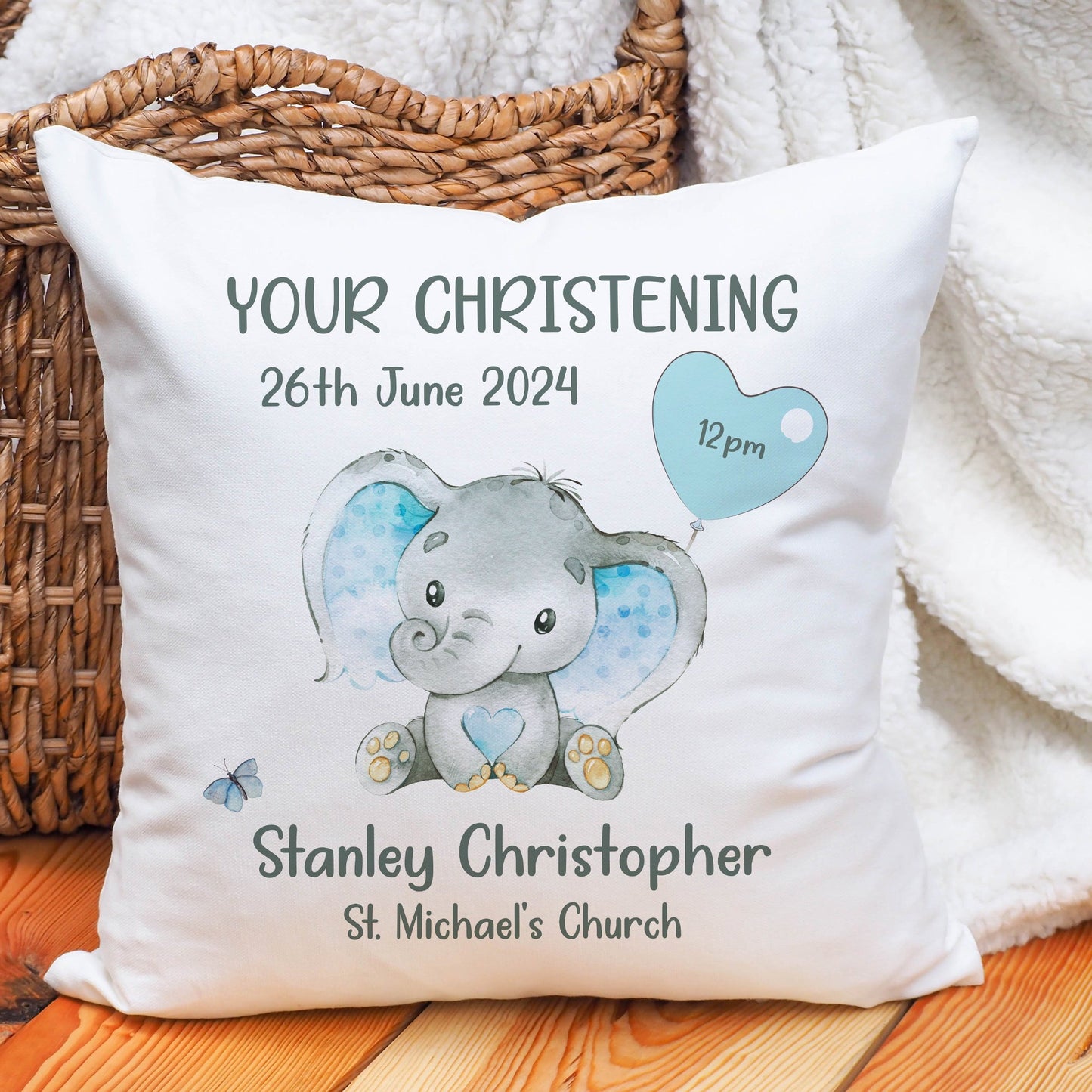 Personalised Elephant Balloon Christening Cushion