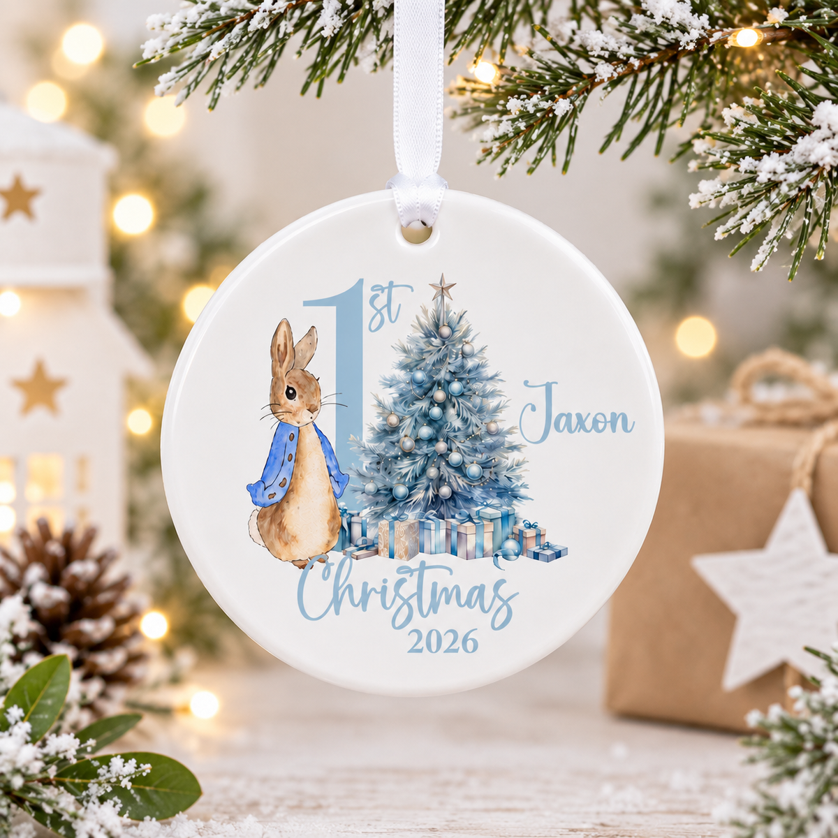 Personalised First Christmas Rabbit Ceramic Bauble