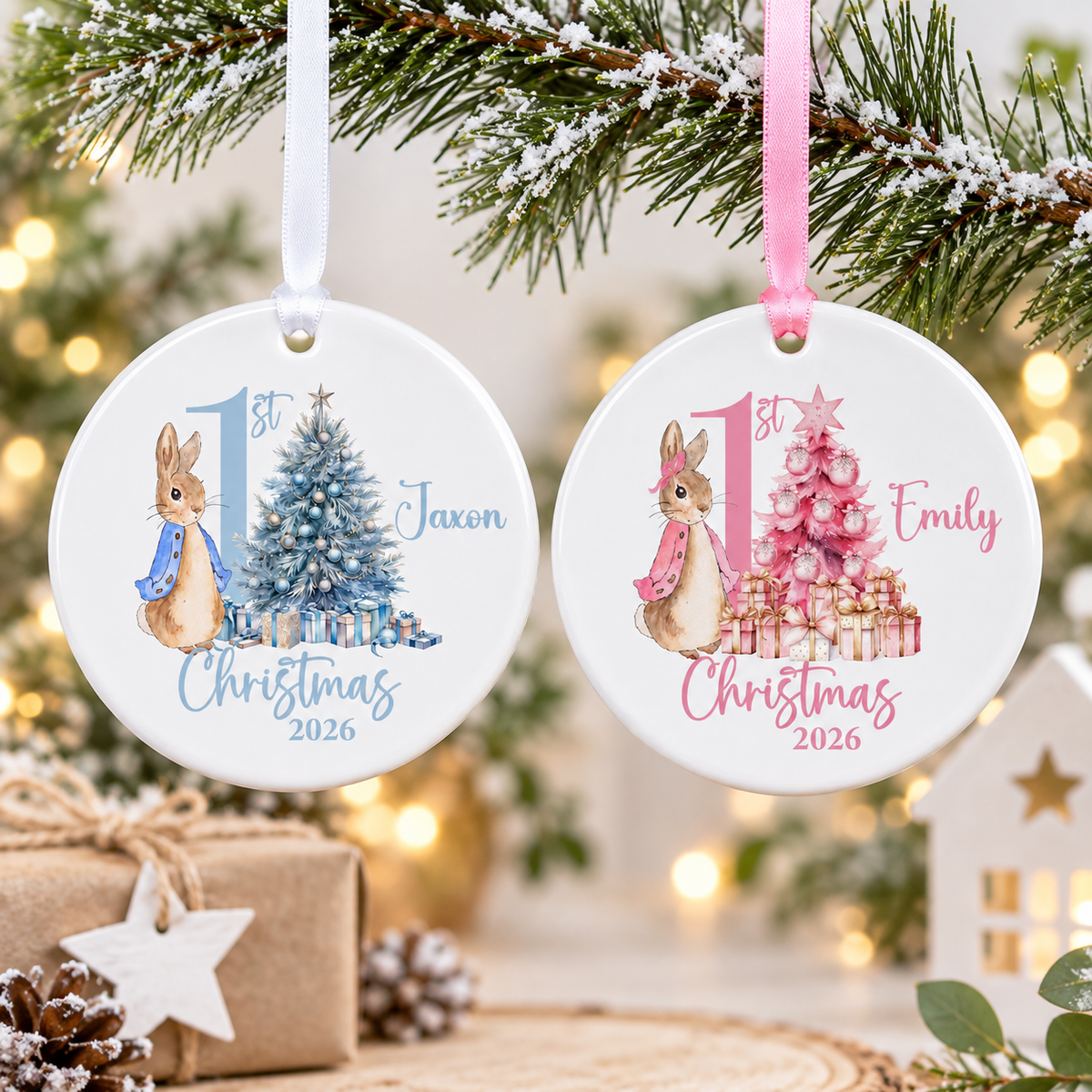 Blue and pink rabbit first Christmas ceramic baubles