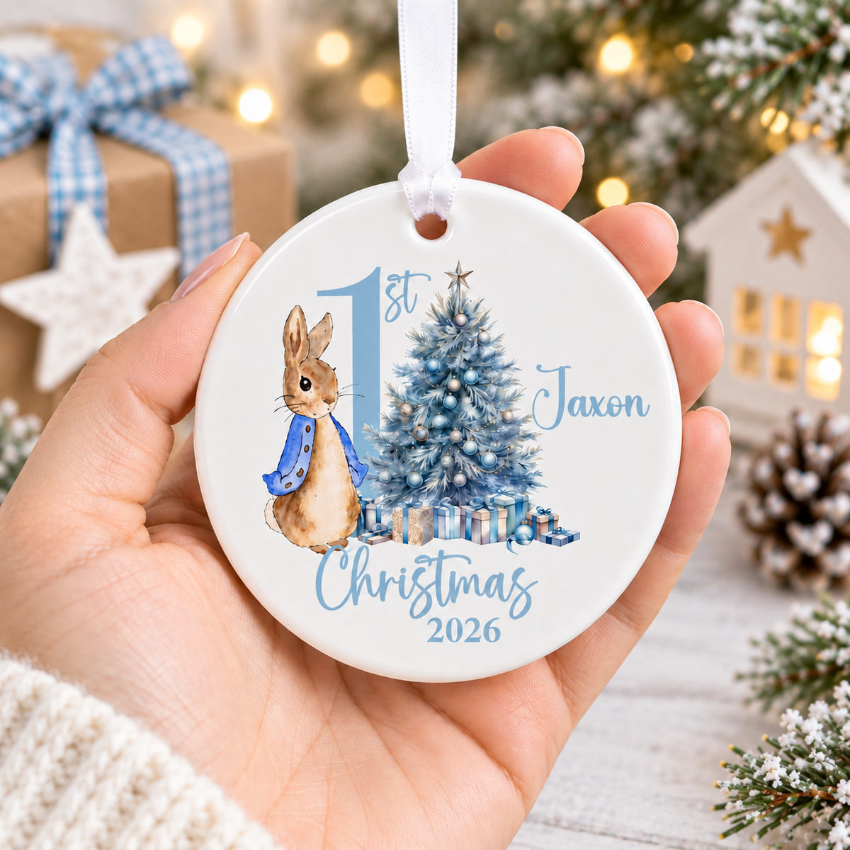 Blue rabbit first Christmas bauble hand-held