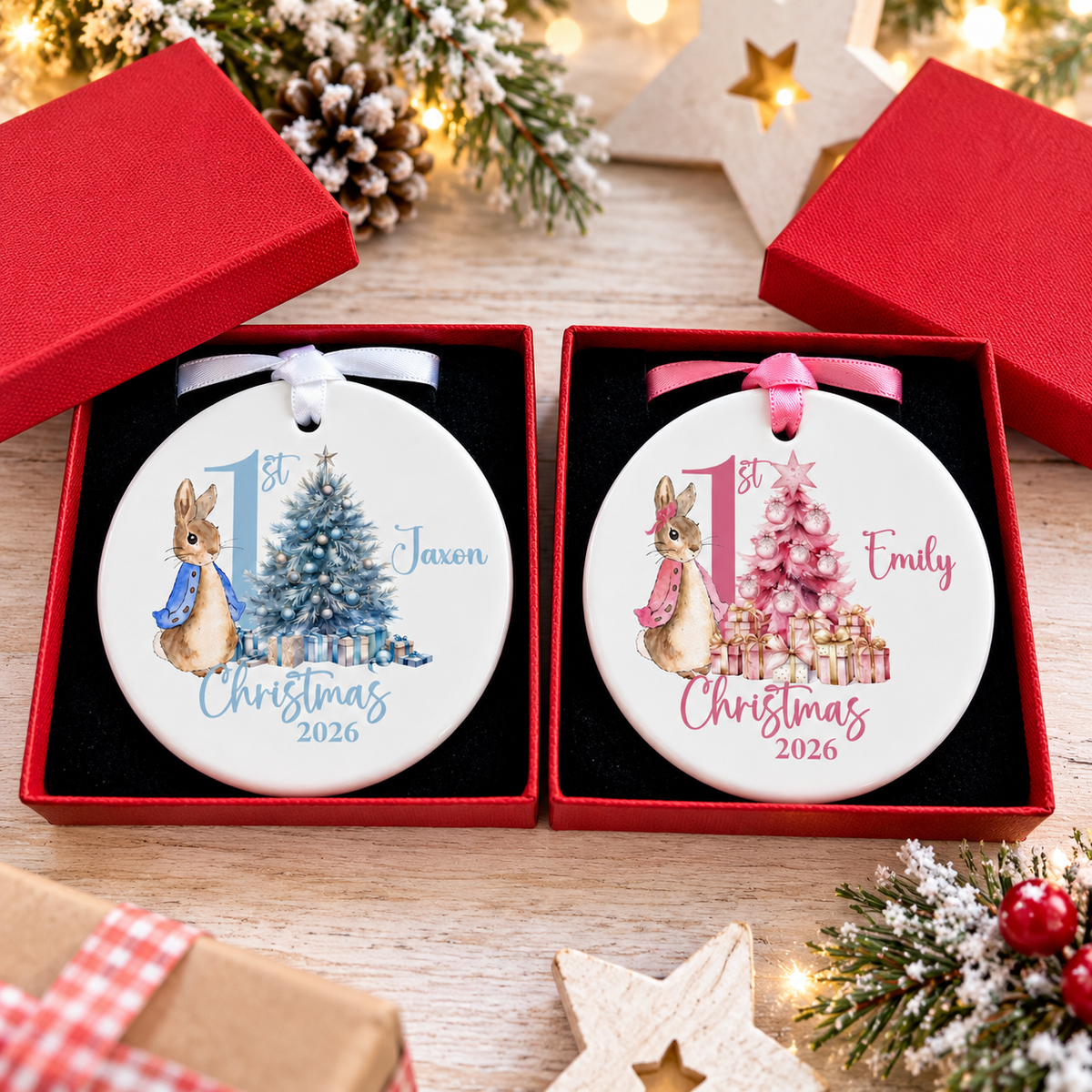 Blue and pink rabbit first Christmas baubles gift boxed