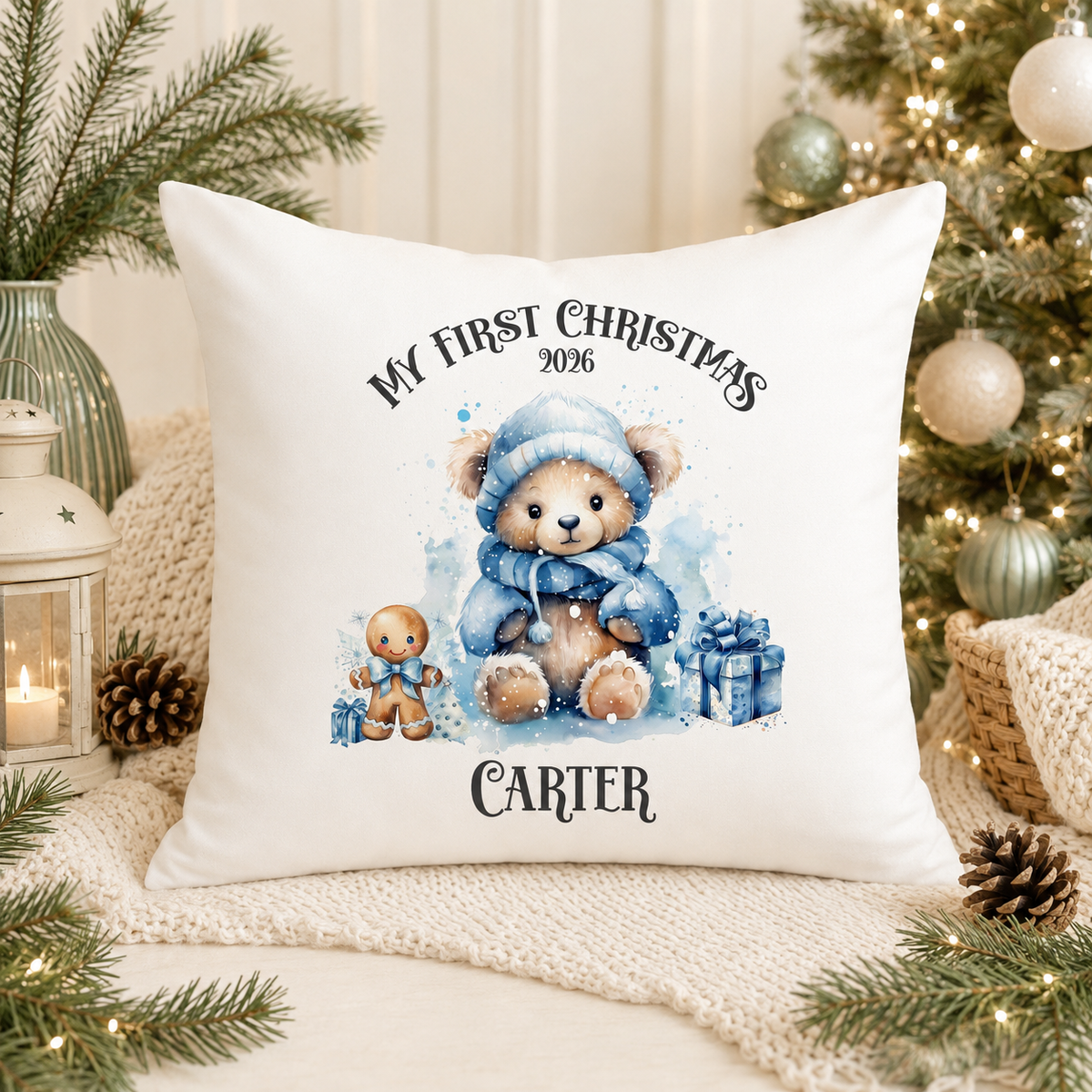 Personalised first Christmas teddy bear cushion