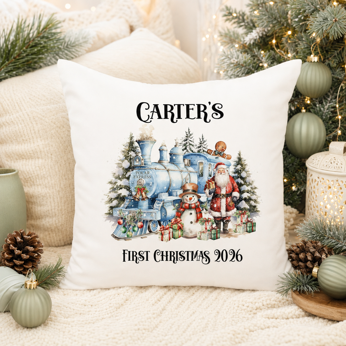 Personalised First Christmas Train Cushion – 40 cm