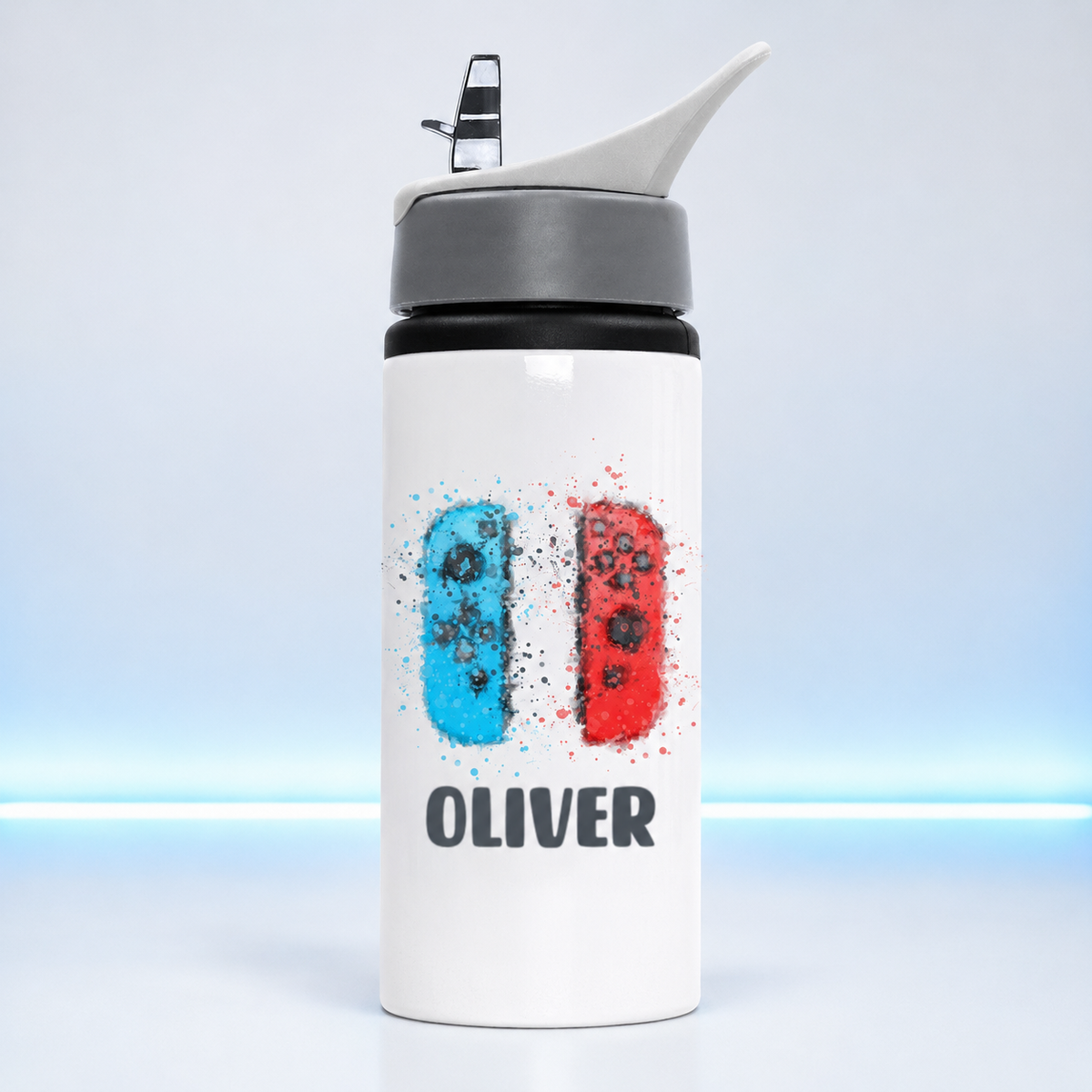 Personalised Oliver gaming flip-straw water bottle