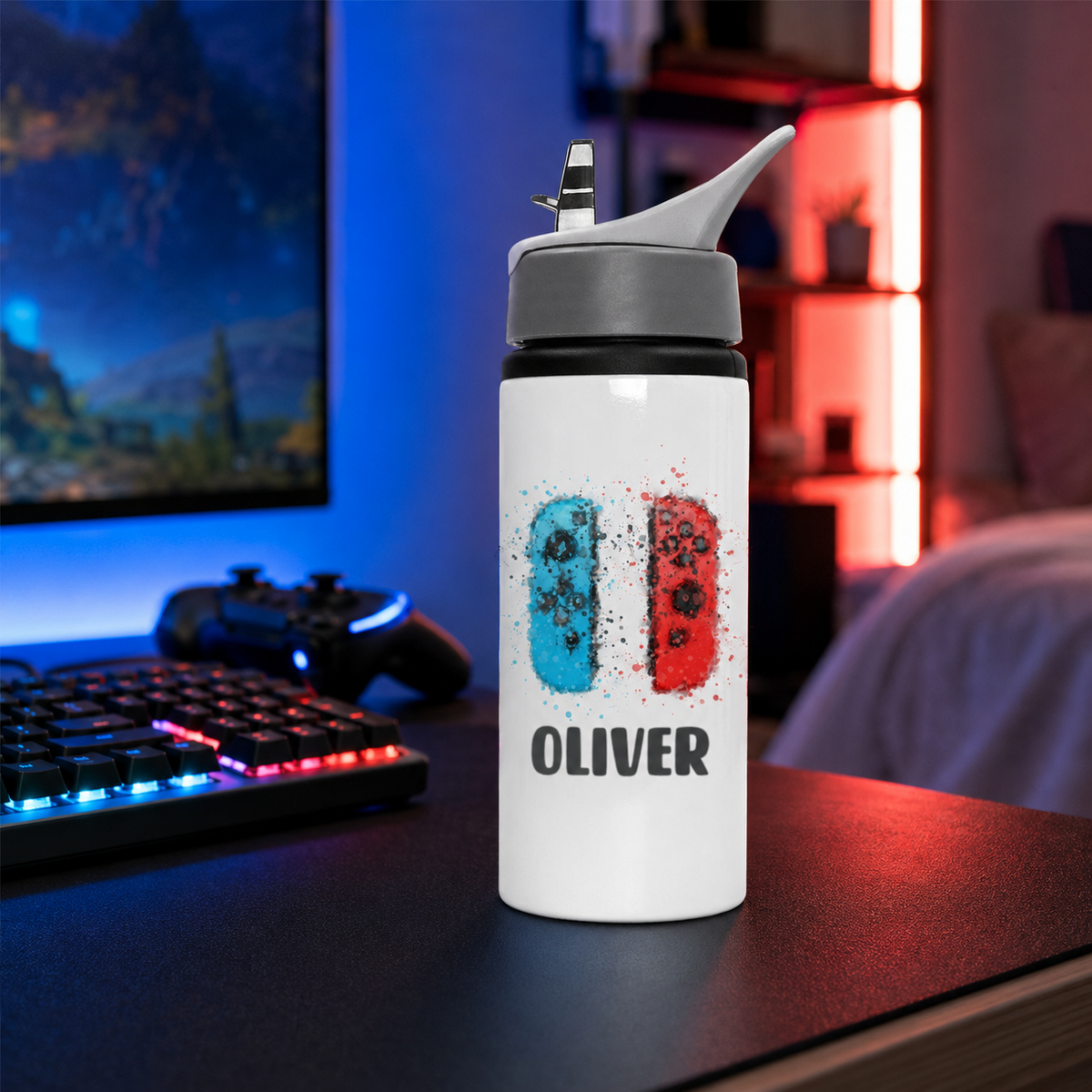Personalised gaming water bottle in gaming setup
