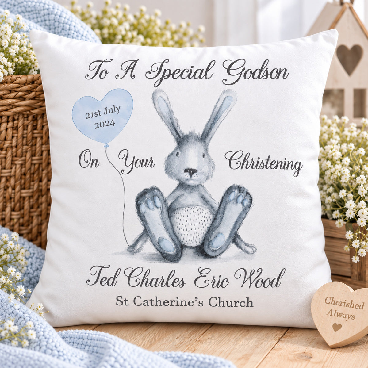Personalised Godson, Grandson or Nephew Christening Cushion – 40 cm
