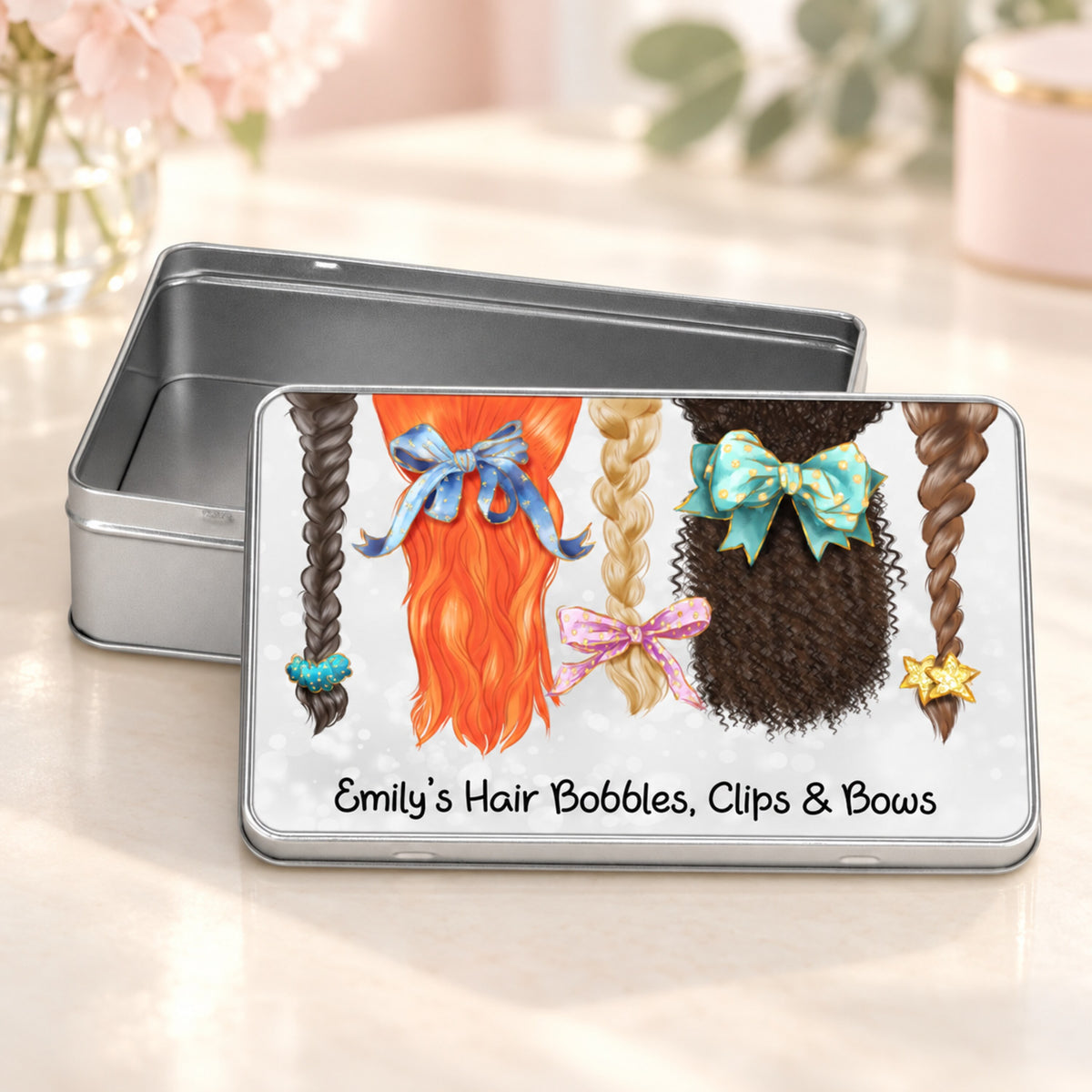 Hair accessory storage tin with removable lid