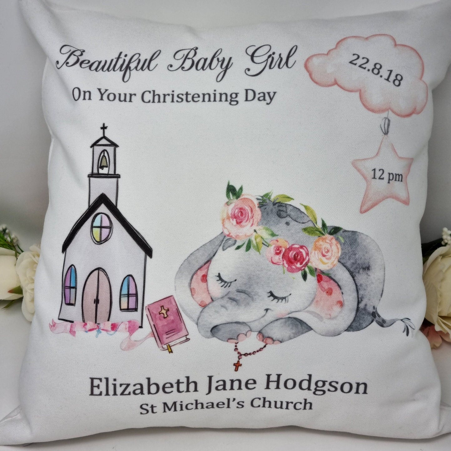 Personalised Christening Cushion, Keepsake Gift, Christening Keepsake, Elephant Keepsake, Elephant Christening Gift