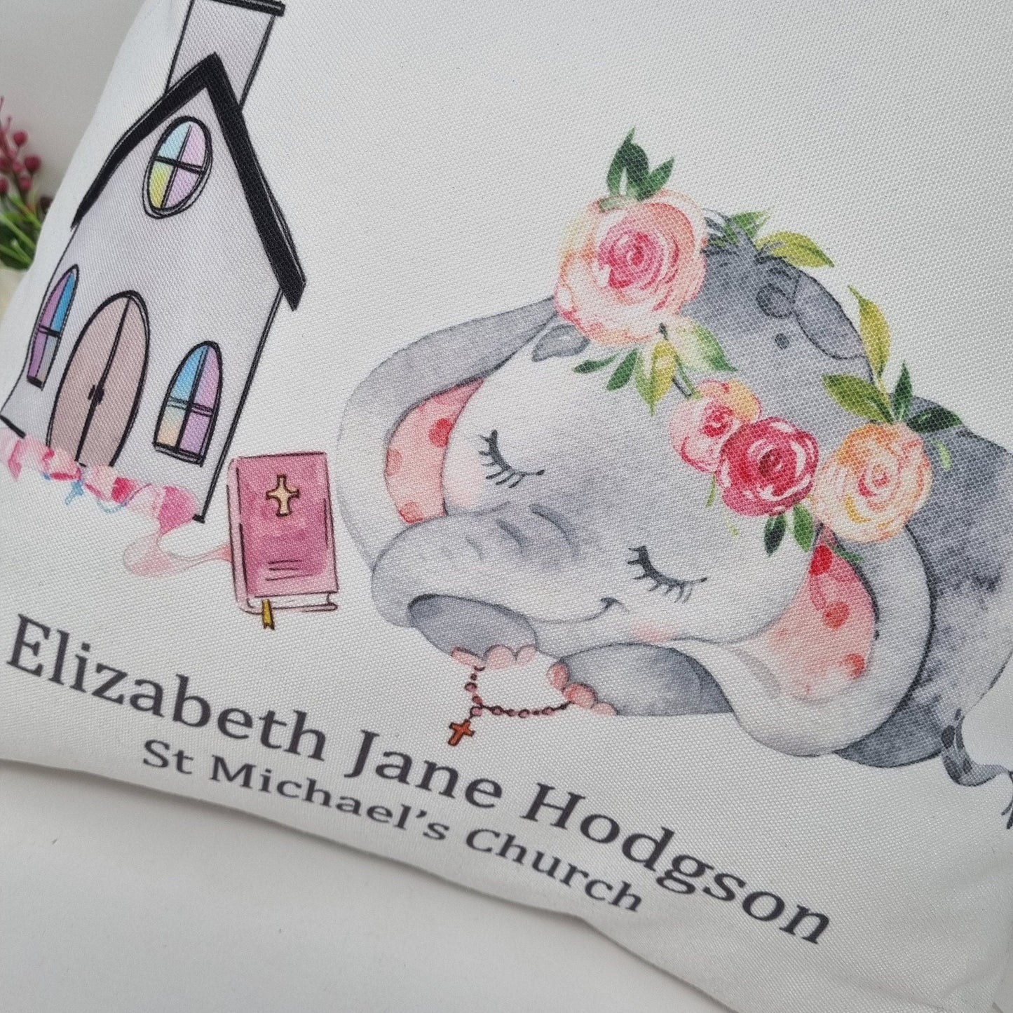 Personalised Christening Cushion, Keepsake Gift, Christening Keepsake, Elephant Keepsake, Elephant Christening Gift