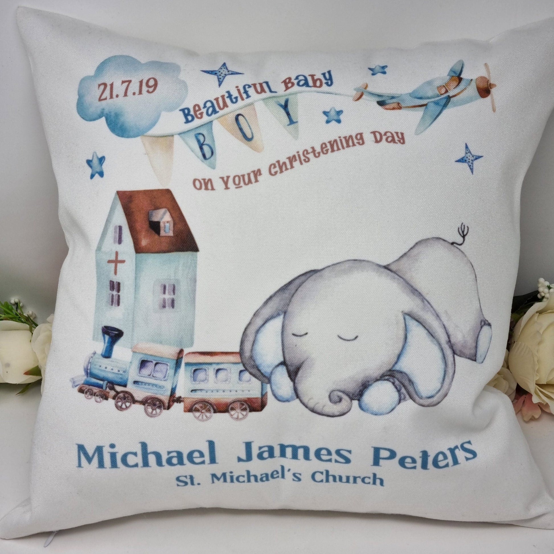 Personalised Elephant Boy/Girl Christening/Baptism Cushion