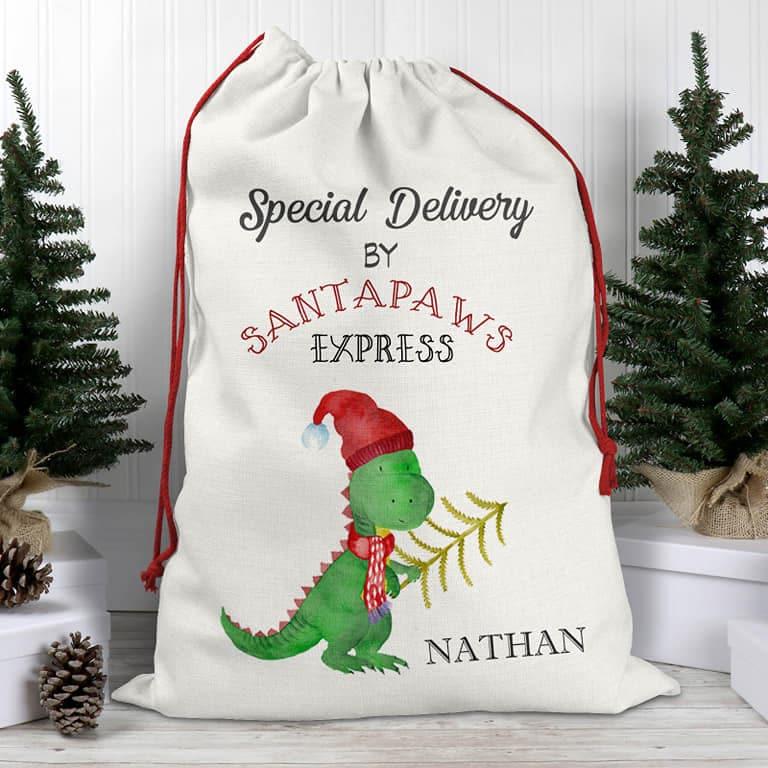 Large Luxury Dinosaur Christmas Sack, Santa Sack, Linen Sack, Dinosaur Christmas
