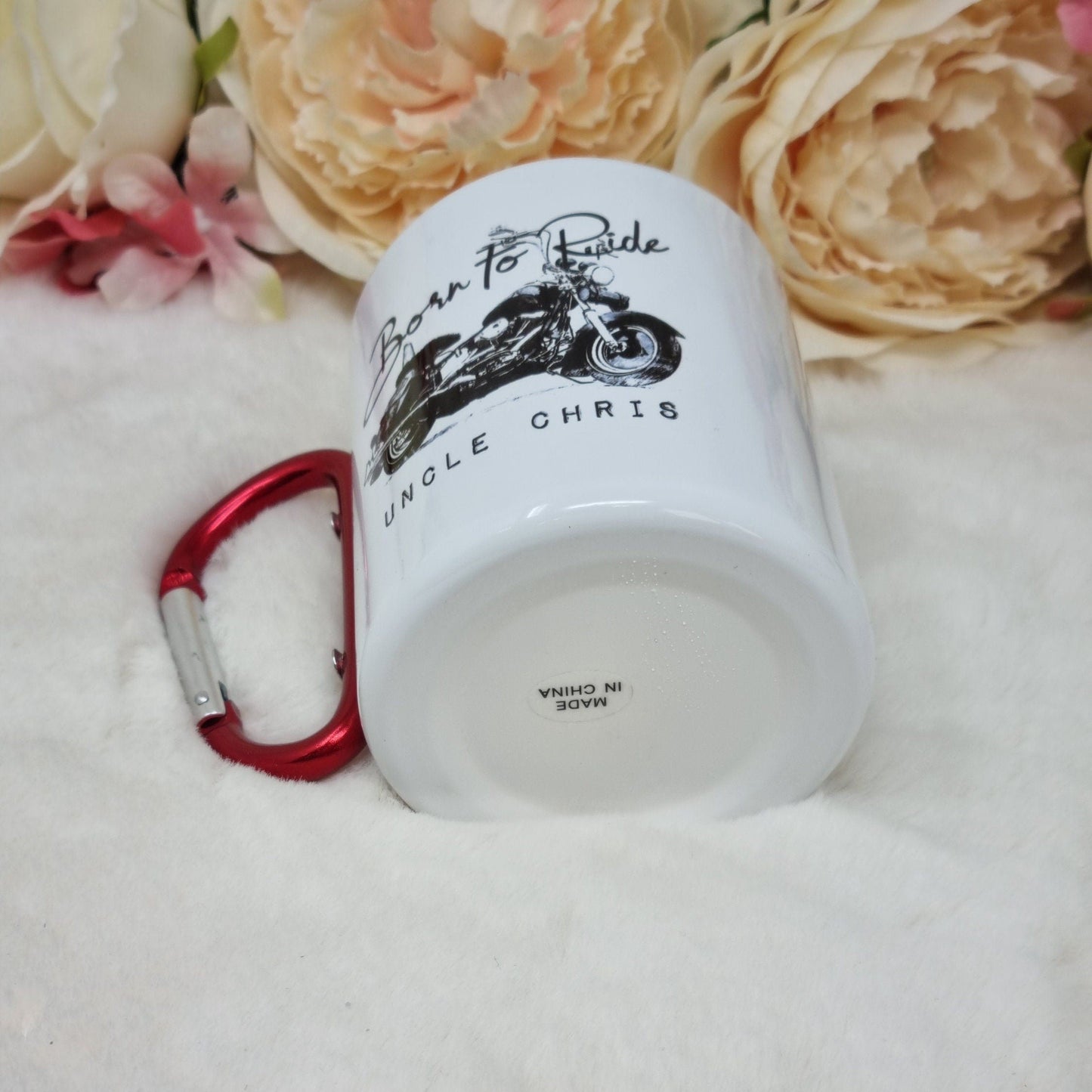 Personalise Clip On Carabiner Mug, Born To Ride Mug, Harley Davidson Mug, Biker Gift, ENAMEL Travel Cup