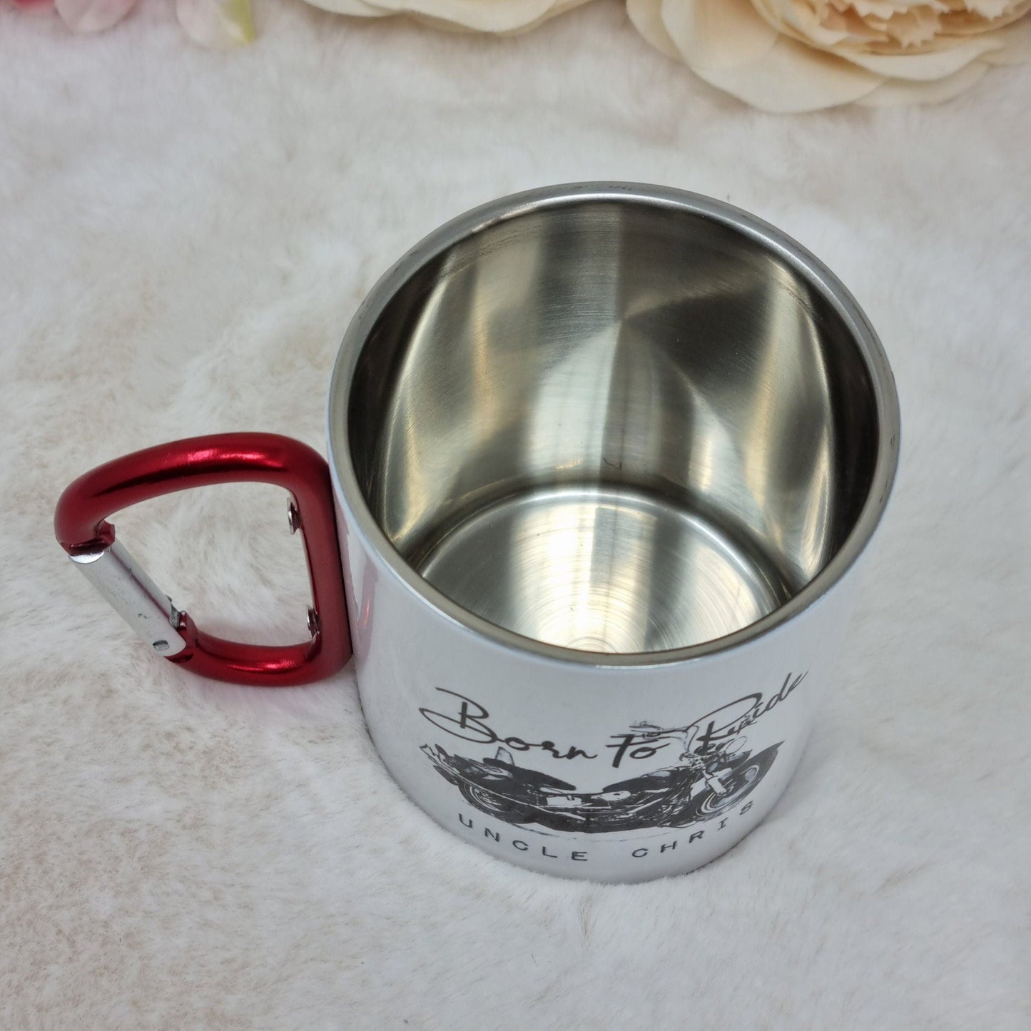 Personalise Clip On Carabiner Mug, Born To Ride Mug, Harley Davidson Mug, Biker Gift, ENAMEL Travel Cup