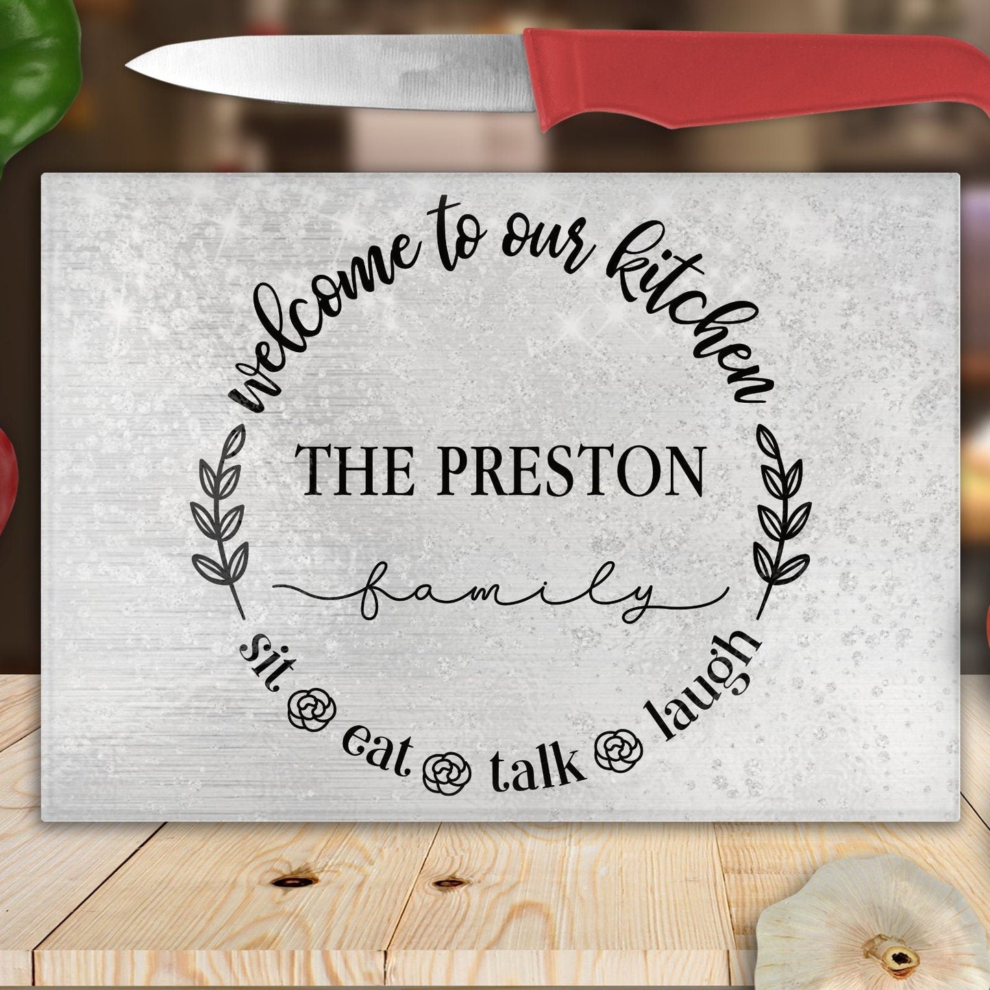 Welcome To Our Kitchen Personalised Glass Chopping Board, Kitchen Accessory, Chopping Board