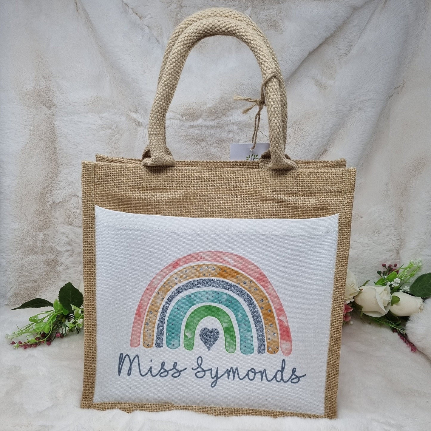 Personalised Jute Bag, Personalised Lunch Bag, Jute Shopper, Work Bag, Uniform Bag, Rainbow Gift