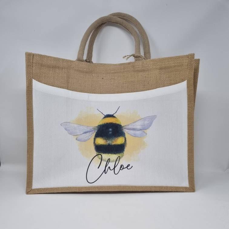 Personalised Bee Jute Bag, Bee Lunch Bag, Personalised Lunch Bag, Work Bag, Bee Gift