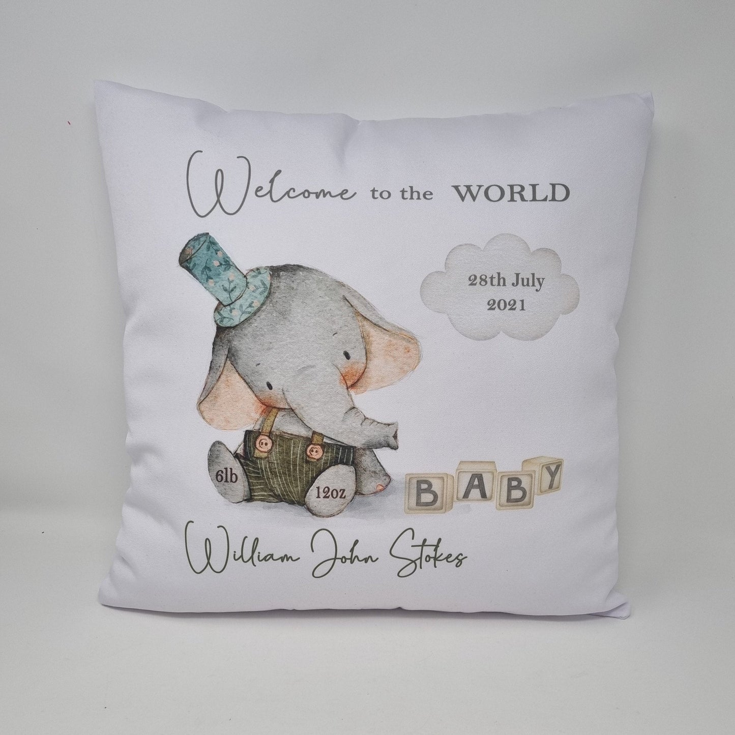 Personalised New Baby Cushion, New Baby Gift, Elephant Baby Gift, Welcome To The World, Elephant Gift, New Baby