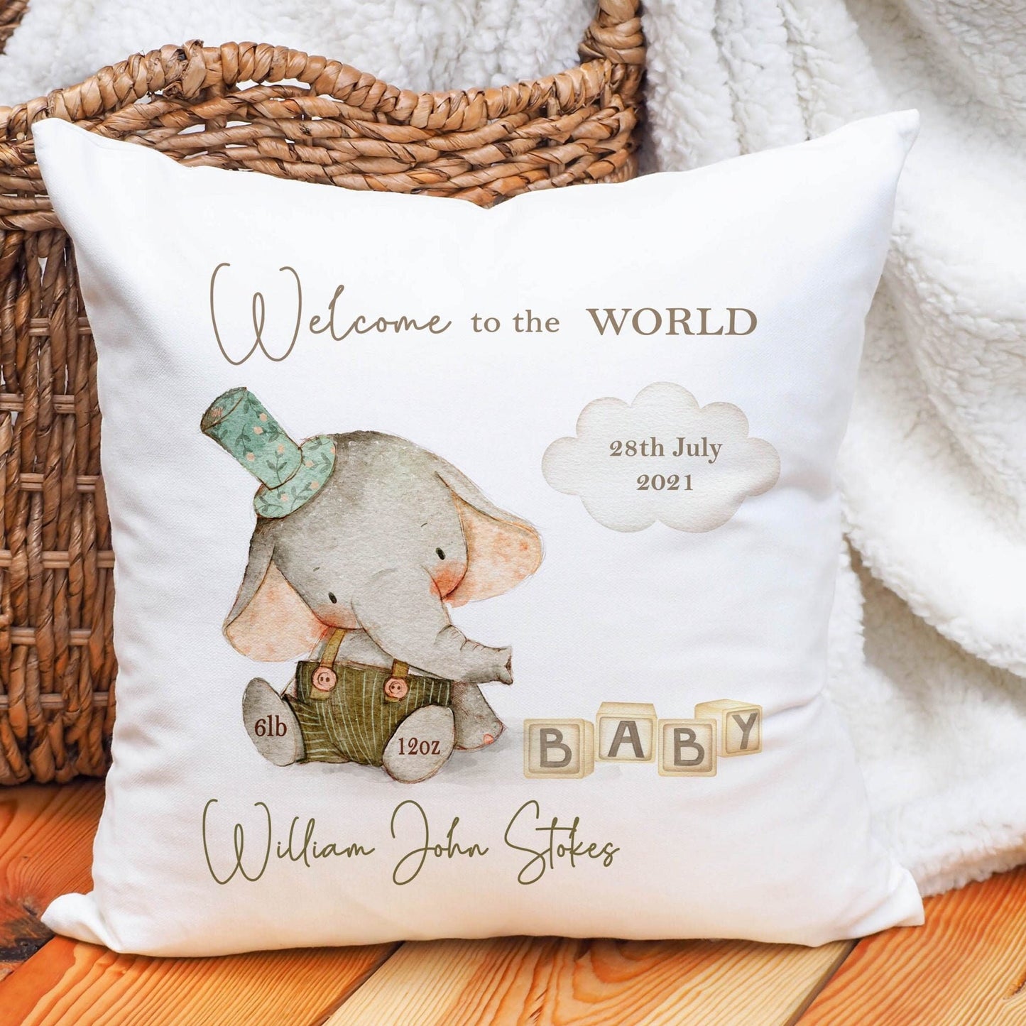 Personalised New Baby Cushion, New Baby Gift, Elephant Baby Gift, Welcome To The World, Elephant Gift, New Baby