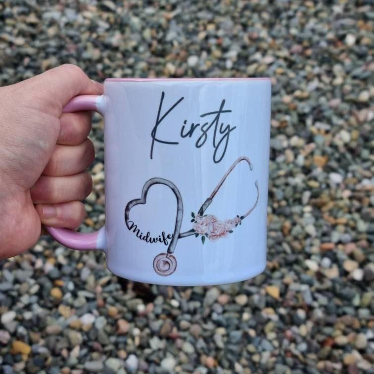 Personalised Floral Stethoscope Midwife, Student Midwife Mug