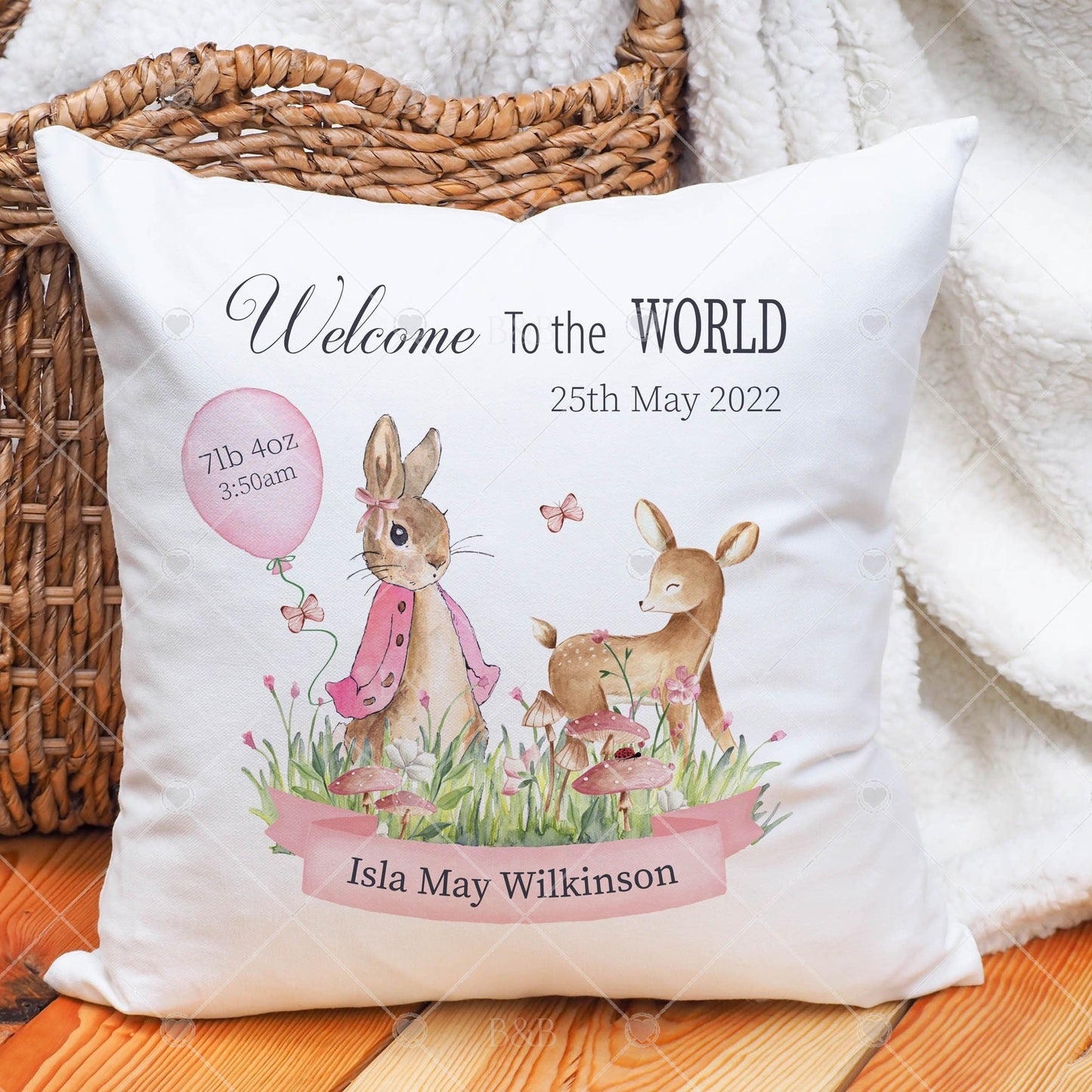 Personalised New Baby Boy / Girl / Rabbit / Bunny / Woodland Scene Cushion, New Born Baby Keepsake
