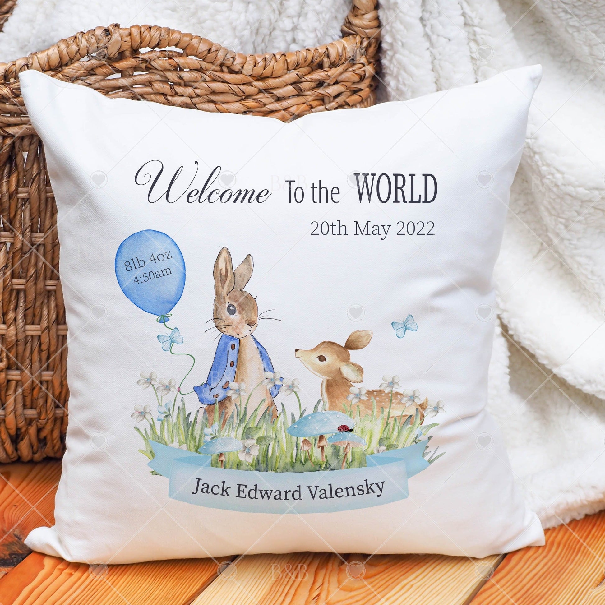 Woodland New Baby Boy, Girl Rabbit Cushion