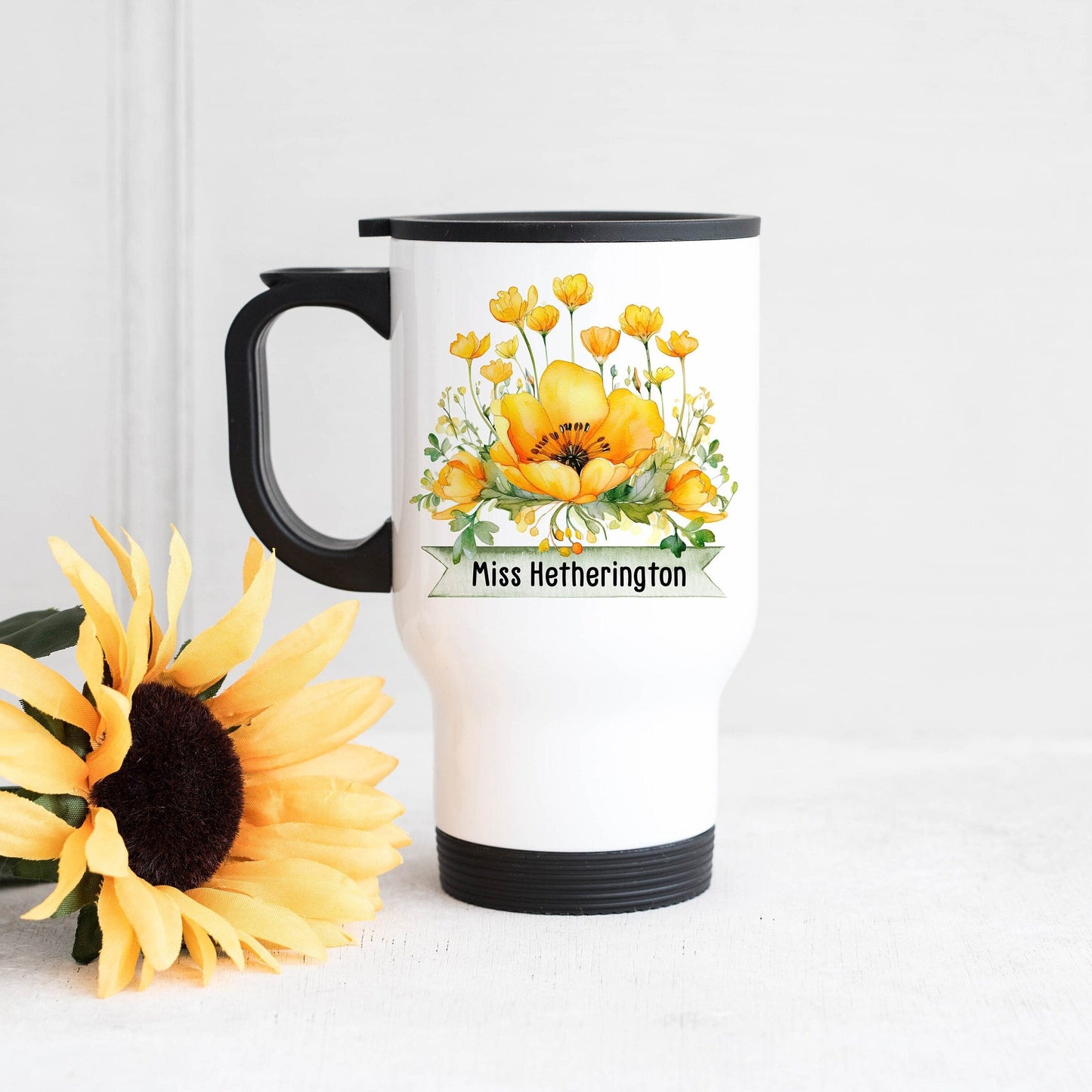 Personalised Teacher Travel Mug, Teacher Gift, Thankyou Teacher, Teacher Buttercup, Buttercup, Teacher Flowers,