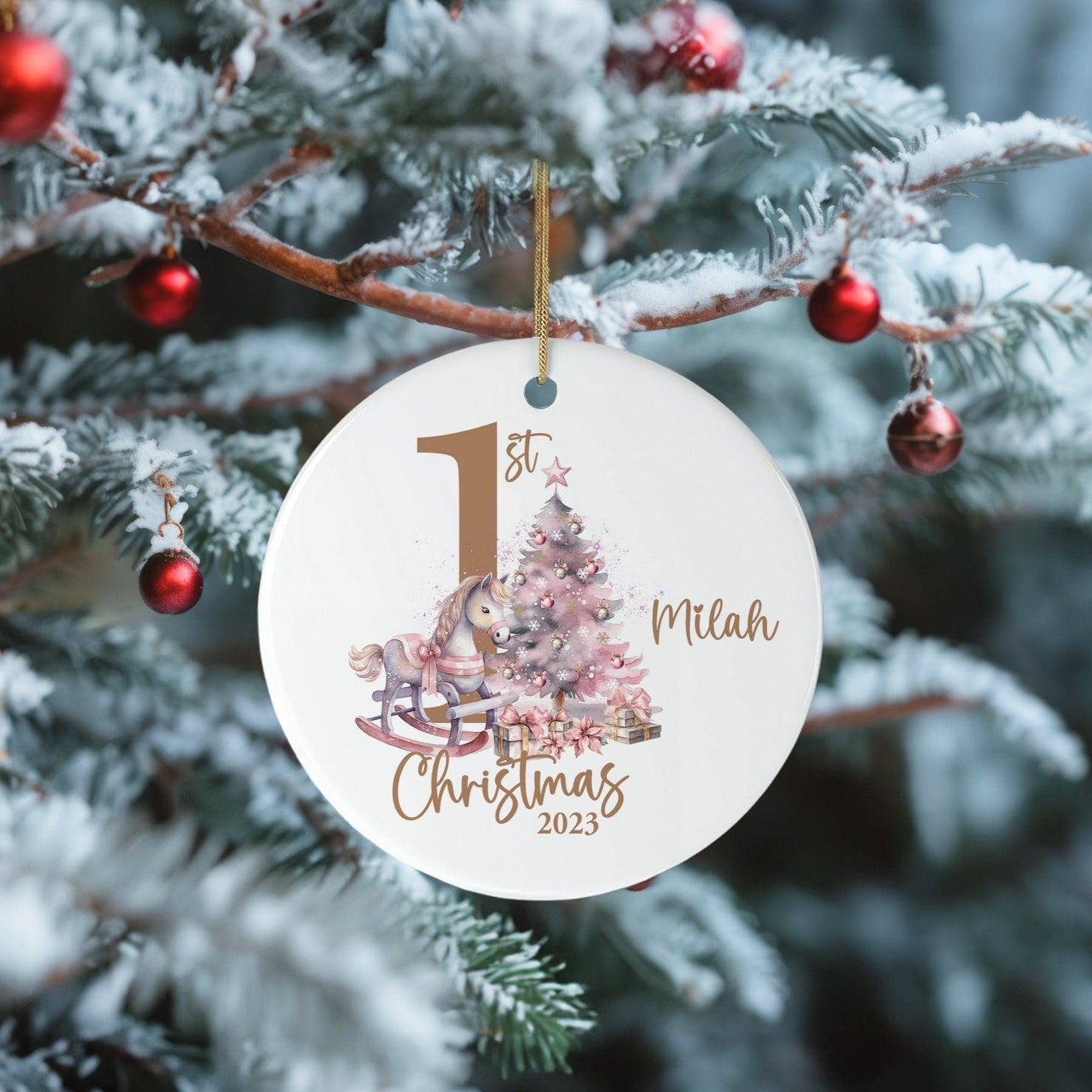 Traditional 1st Christmas Bauble, Baby Girl 1st Christmas Hanging Decoration, Baby's First Christmas, Rocking Horse Christmas, Xmas Keepsake
