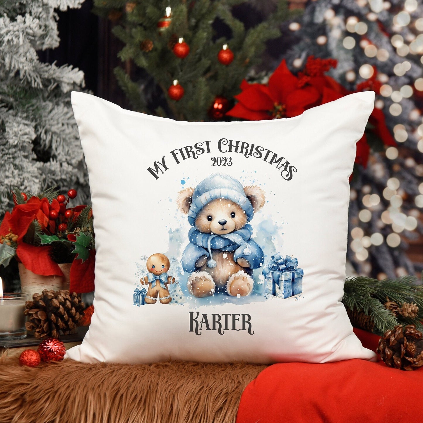 Personalised First Christmas Cushion/Teddy Christmas Cushion, First Christmas, Baby Christmas Cushion/Baby Chritmas Gift, Christmas Keepsake