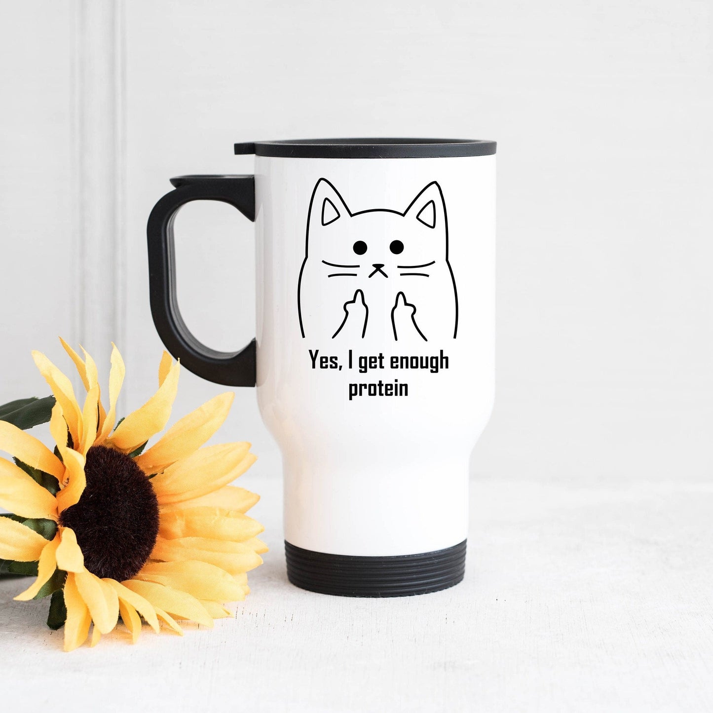 Funny Protein Quote Travel Mug, Funny Vegan, Funny Vegetarian, Enough Protein Quote Gift, Cat Protein Travel Mug, Vegan Vegetarian Humour