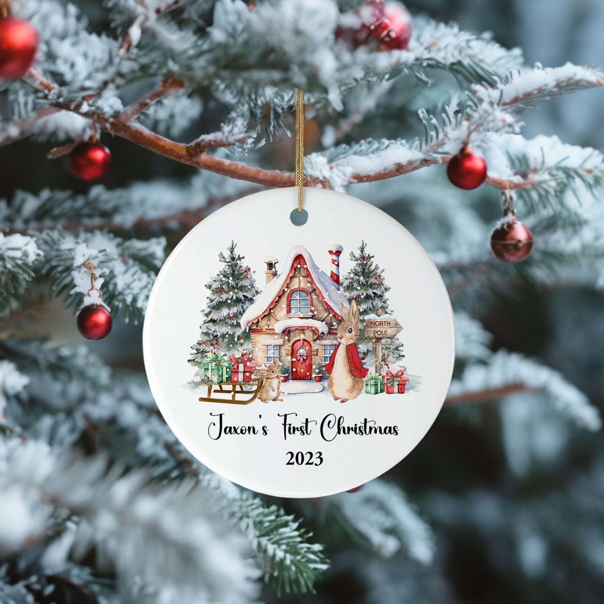 Red Rabbit Scene First Christmas Bauble