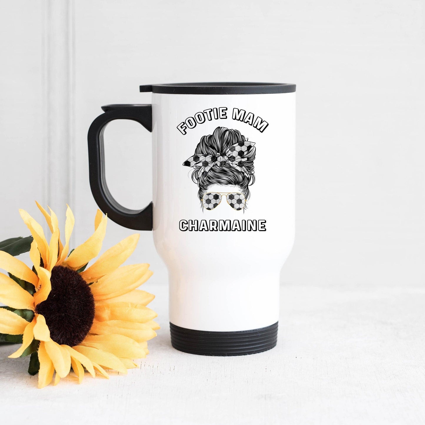 Footie Mam Travel Mug, Football Mum Gift, Football Fan Mum Travel Mug, Football FanTravel Mug, Grandma Football Fan Travel Mug