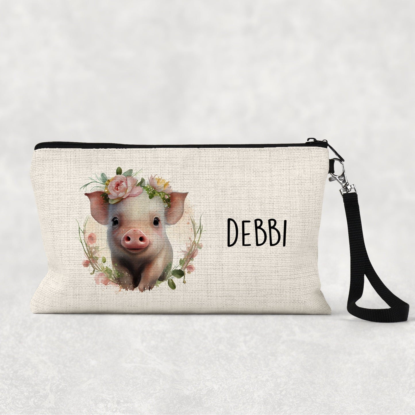 Personalised pig linen cosmetic bag, Makeup bag, pencil case, linen document holder, Personalised wrist bag, Personalised travel bag