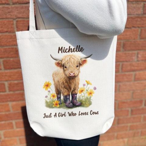 Personalised Highland Cow Tote Bag Cute Cow Storage Bag Farming Theme Gift Shoulder Bag