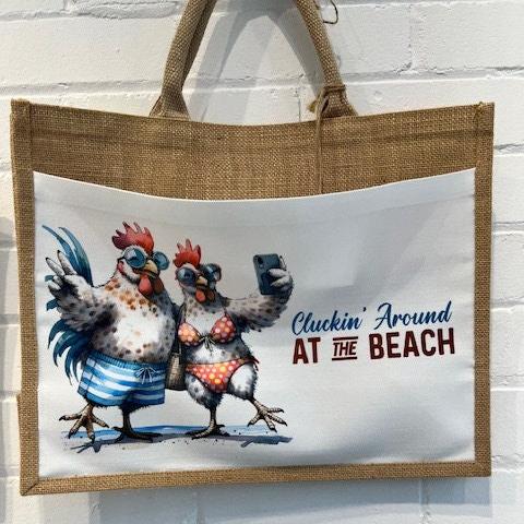 Beach Bag Funny Quote Chickens Selfie Travel Bag Gift Summer Holidays Large Jute Bag Day Trip Hessian Bag for Life Eco friendly