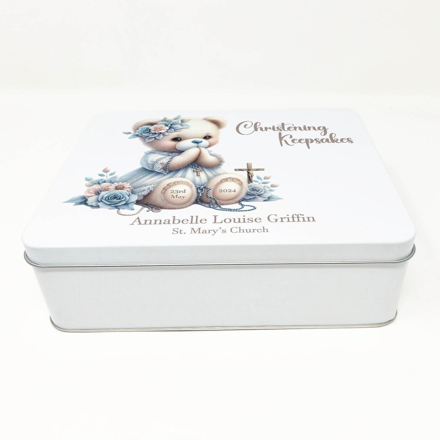 Christening Baby Keepsake Box Metal Storage Tin Personalised Baptism Christening Memory Box