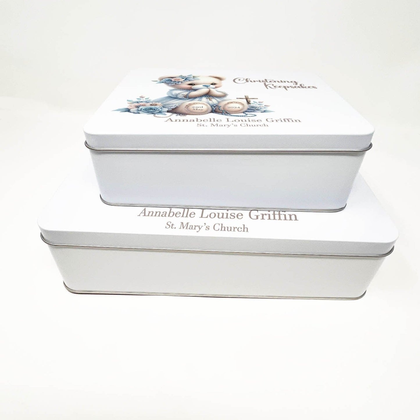 Christening Baby Keepsake Box Metal Storage Tin Personalised Baptism Christening Memory Box