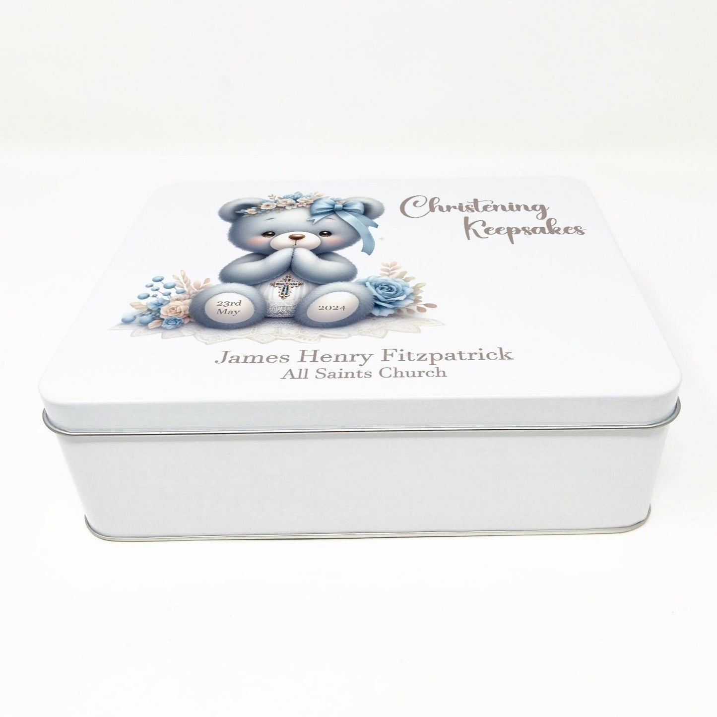 Christening Baby Keepsake Box Metal Storage Tin Personalised Baptism Christening Memory Box