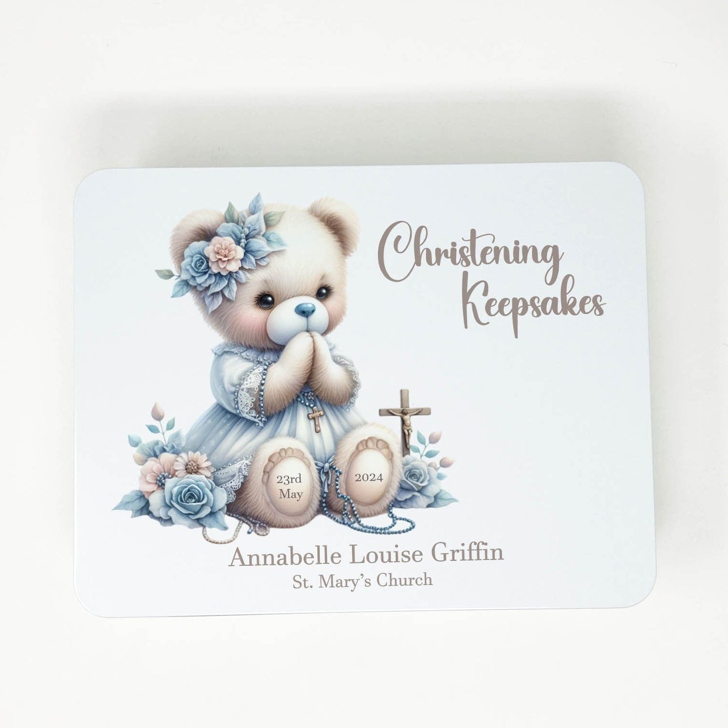 Christening Baby Keepsake Box Metal Storage Tin Personalised Baptism Christening Memory Box