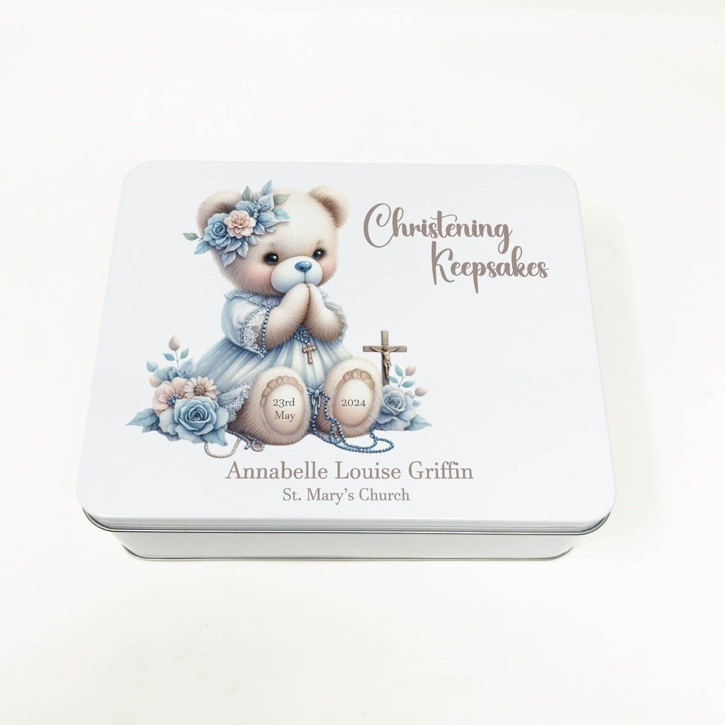 Christening Baby Keepsake Box Metal Storage Tin Personalised Baptism Christening Memory Box