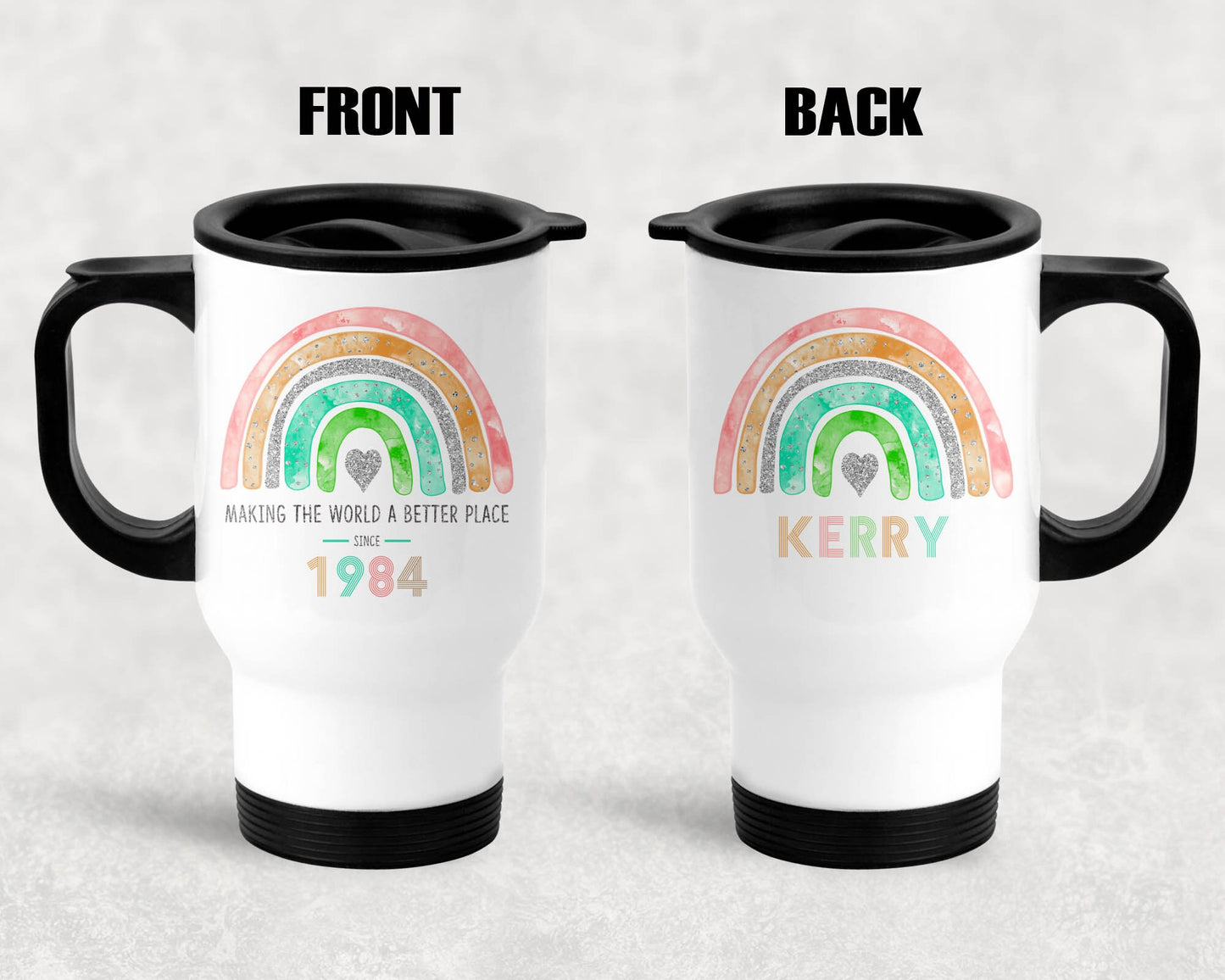 Personalised Inspirational Rainbow Travel Mug, Rainbow Making A Difference Mug, Friend Positive Quote, Appreciation Year of Birth Birthday