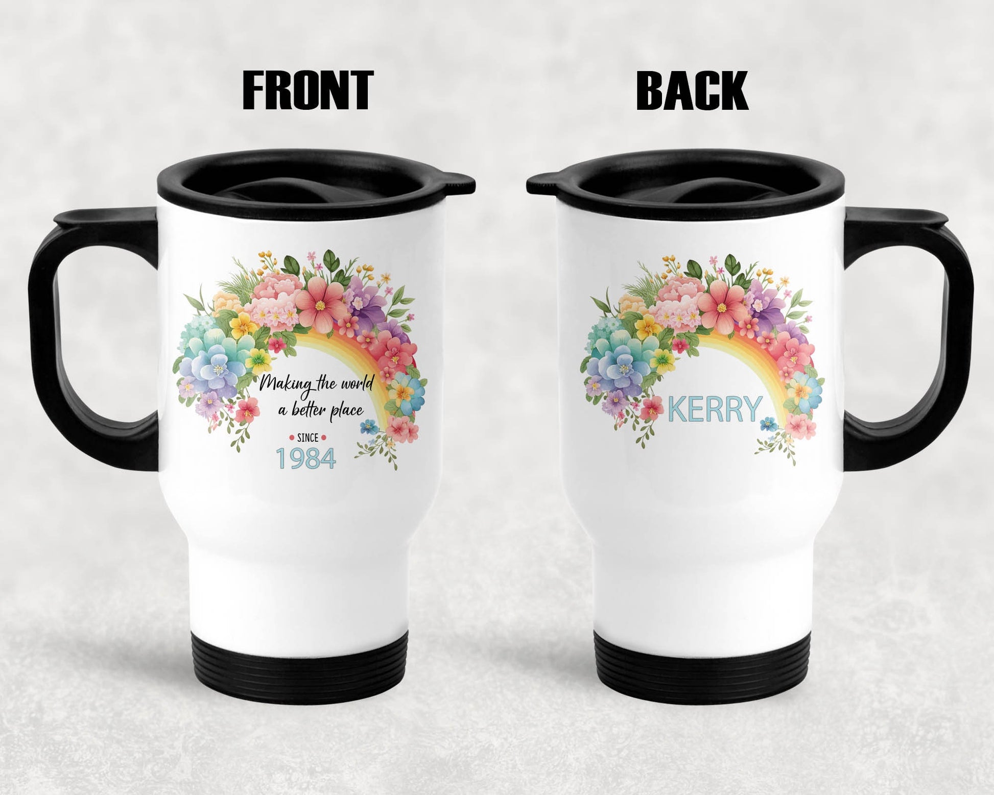 Personalised Inspirational Floral Rainbow Travel Mug