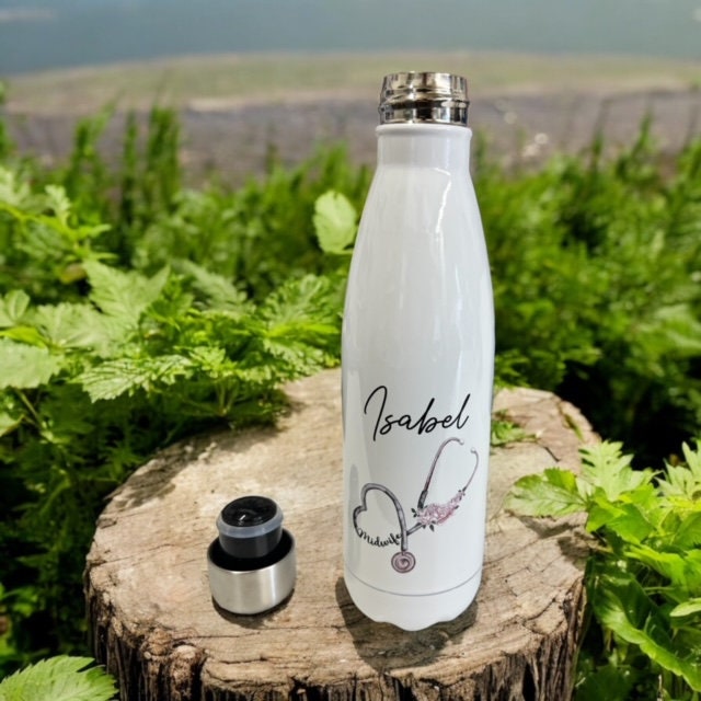 Personalised Midwife Stethoscope Water Bottle, Healthcare Thermal Bottle, Maternity Worker Thermos Gift, Newly Qualified Midwife Gift