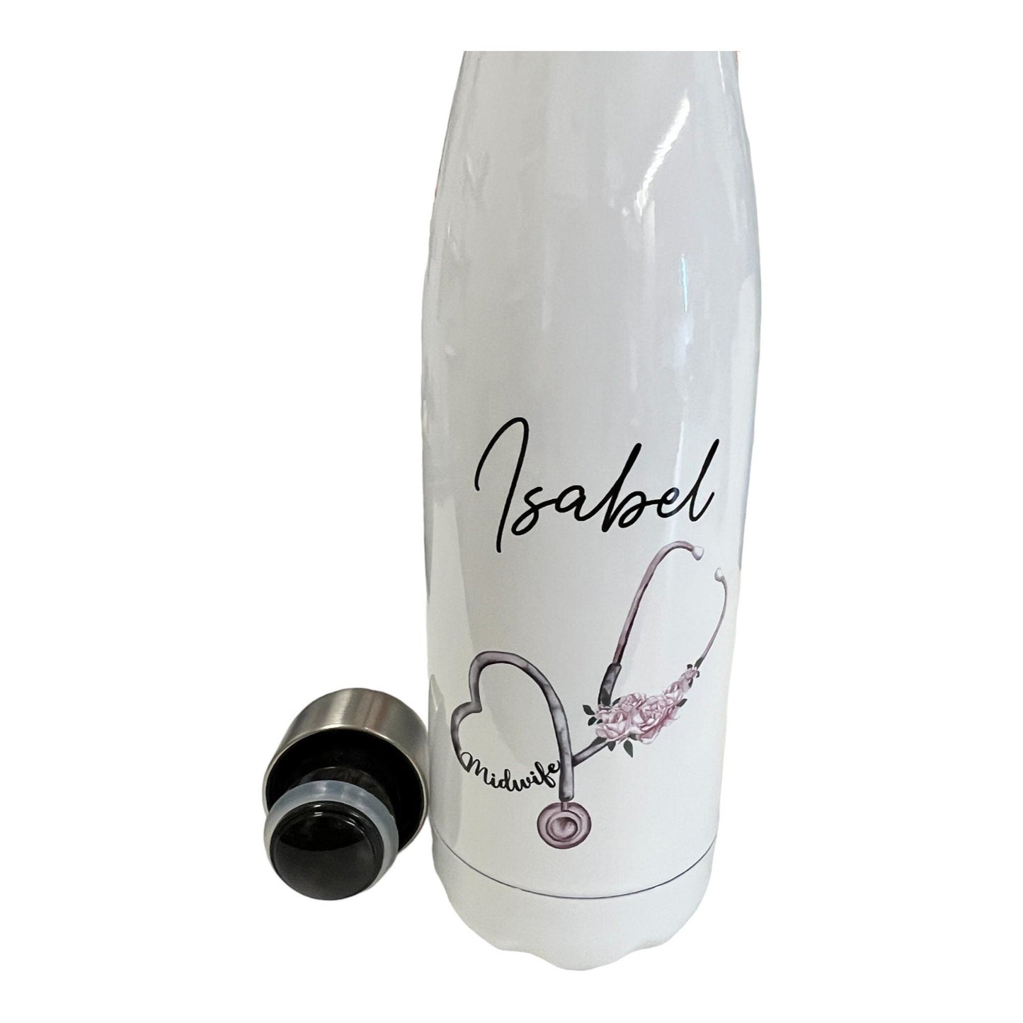 Personalised Midwife Stethoscope Water Bottle, Healthcare Thermal Bottle, Maternity Worker Thermos Gift, Newly Qualified Midwife Gift