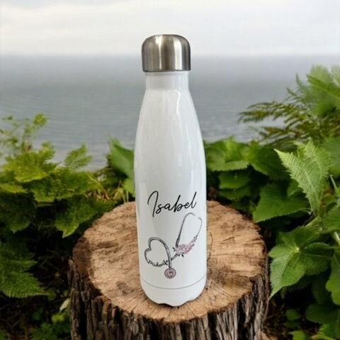 Personalised Midwife Stethoscope Water Bottle, Healthcare Thermal Bottle, Maternity Worker Thermos Gift, Newly Qualified Midwife Gift